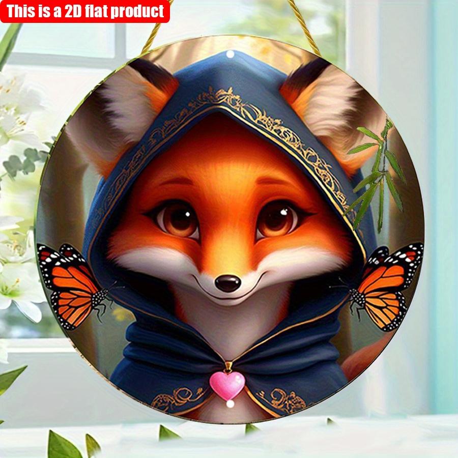 2D Flat 20*20cm1pc Cute Fox with Cloak High Quality Round Hanging Sign, Charming Fox&Butterfly Patterns Window Art Ornament, Exceptional Wooden Gift