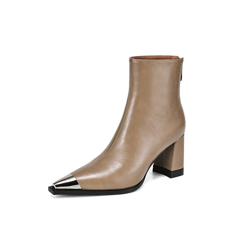 Fashion 2025 NEW Autumn Women Boots Split Leather Square Heel Women Shoes Pointed Toe High Heel Mid-calf Modern Boots