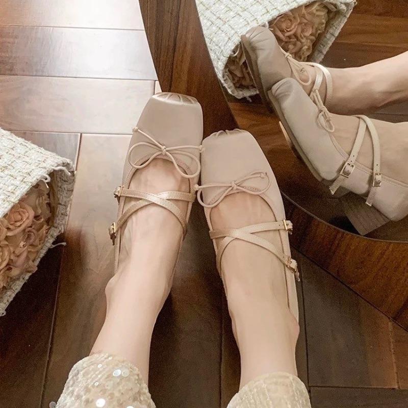 Fashion 2025All-match Mary Jane Women's Shoes Summer Evening Evening Wind Bow Strap Block Heel Shoes