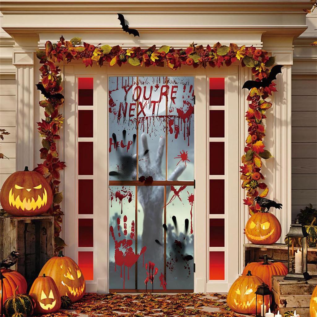 Four-Sided Stretch Carpet Fabric Door Cover with Halloween Design - Easy Installation