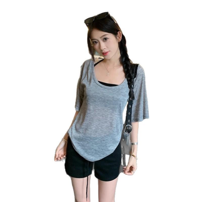 Grey u-neck front shoulder short-sleeved T-shirt women's summer new neck hanging inside loose and lazy waist and thin two-piece set