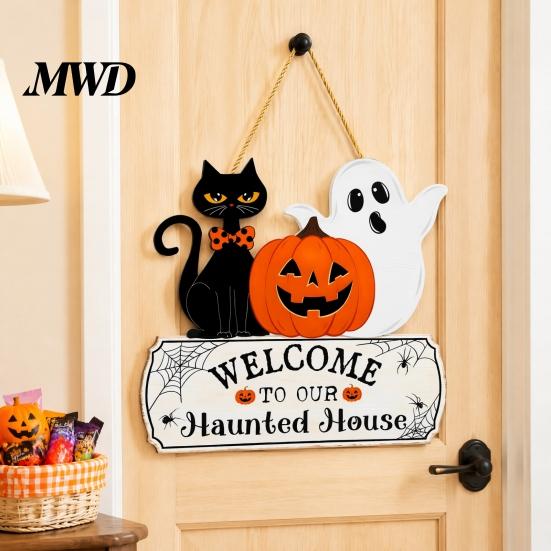 Wooden Welcome Sign Halloween Wood Door Sign, Pumpkin Ghost Black Cat Hanging Decor for Seasonal Plaque Front Door, Rustic Farmhouse Wall Art