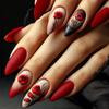24Pcs Autumn Winter Matte Almond False Nails with Glue Rose Leaf Printing Nail Art Simple Full Cover Press On Acrylic Nails Tips