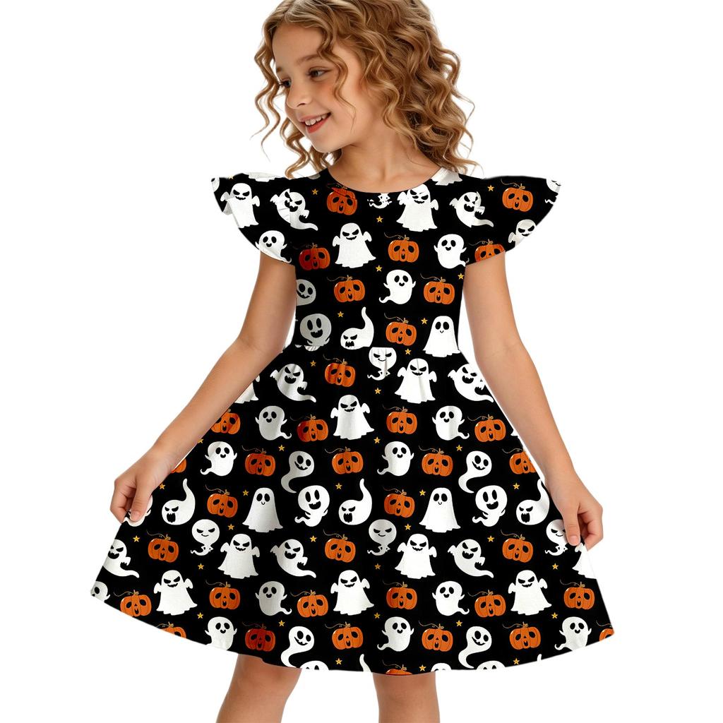 Girls Halloween Casual Dress Ruffle Sleeve Pumpkin Print Round Neck Cotton Dress for Kids Comfortable Fit Toddler Party Dress
