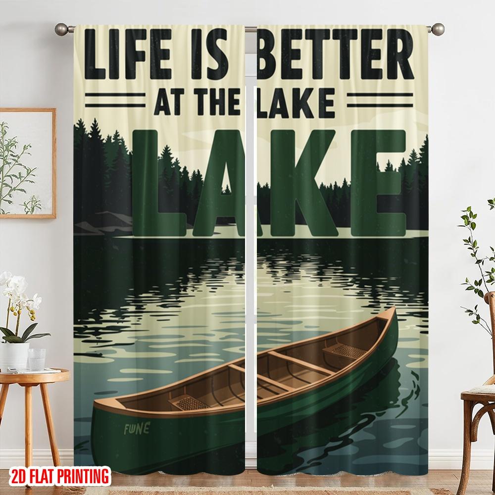 2pcs 2D flat printing Window Treatment Curtains Life Better Lake Canoe 100% Polyester Without Electricity Festive Holiday for