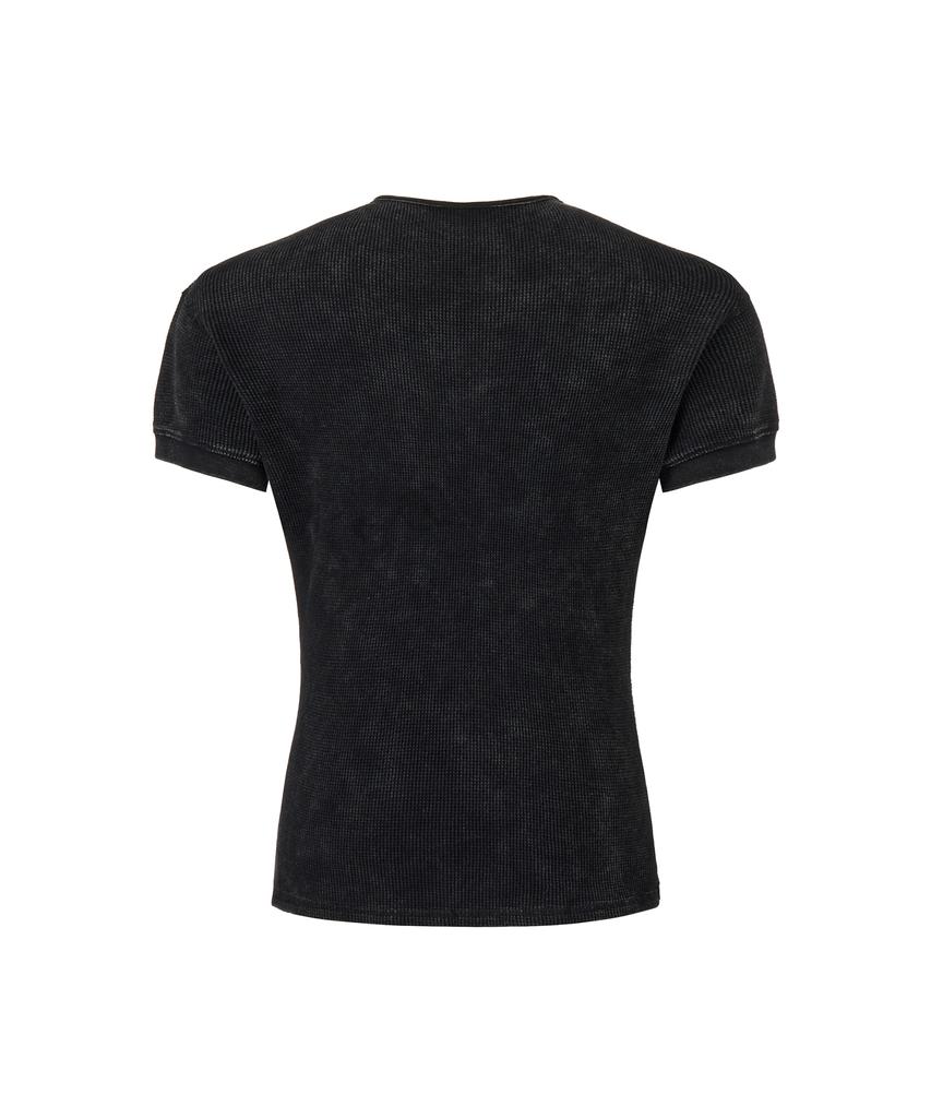 Mihag [Plain Ver.] Washed Waffle Henley Neck T-Shirt (Black)