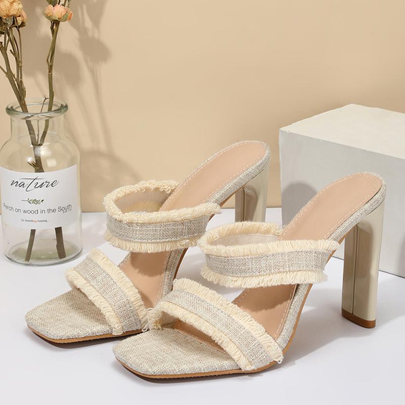 Nová móda Čtvercové vysoké podpatky Muly Dámské pantofle Letní Zelená Netkaná Dámské sandály Otevřená špička Nazouvací boty
