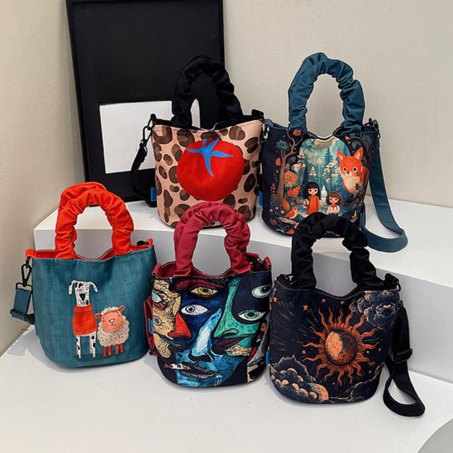 Plátěná taška s potiskem, dámská taška, nová trendy stylová taška přes rameno, taška přes rameno s kreslenou ilustrací, kbelík