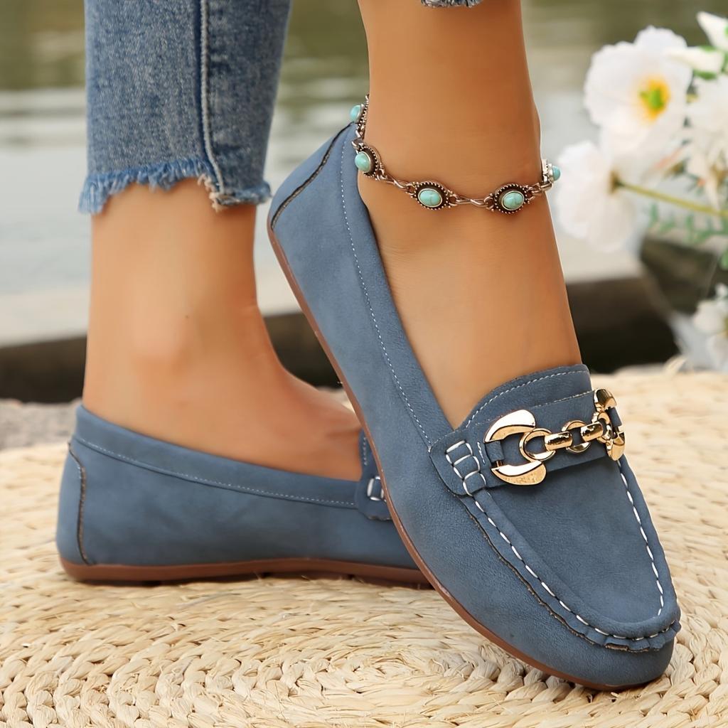 Préparation de Bureau Mode Féminine Mocassins à Enfiler - Semelle Souple, Chaussures Plates Décontractées Bleu Denim avec Boucles Métalliques Décoratives, Tige en Vernis PU