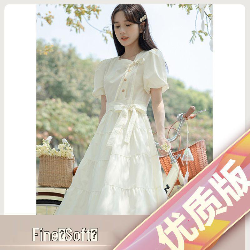 Retro Summer Puff Sleeve Dress with Bow-Tie Straps and Cinched Waist S