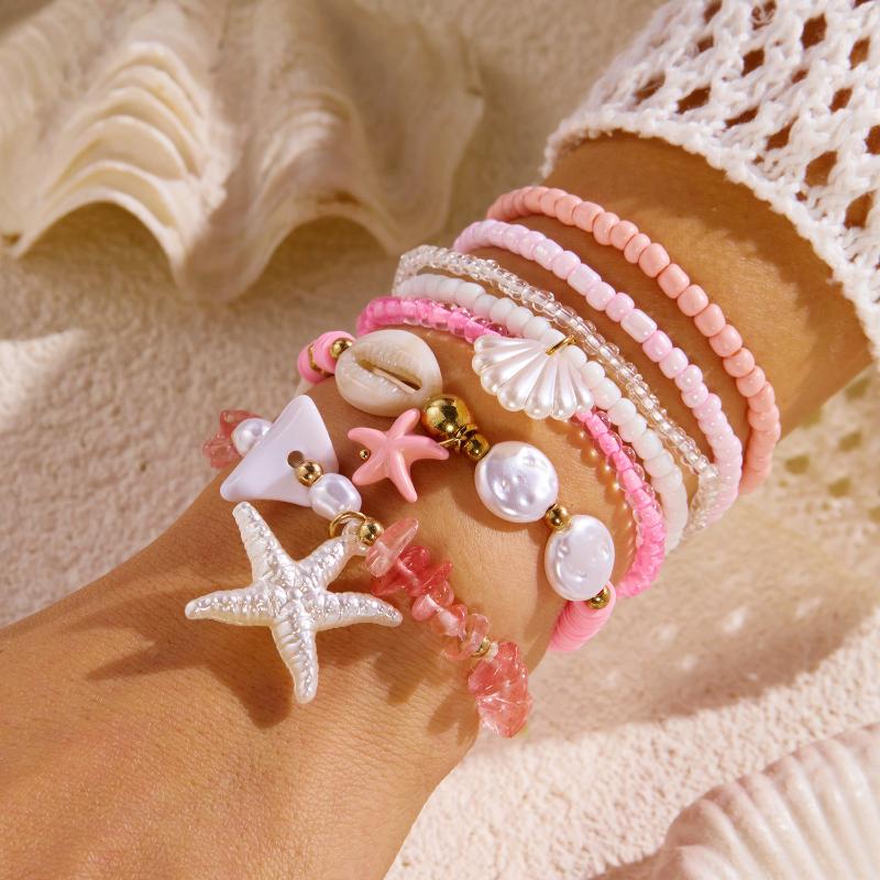 1 Set Summer Ocean Blue Beads Strand Hand Chain Bohemia Starfish Shell Beaded Bracelets For Women Jewelry Beach Vacation Gift