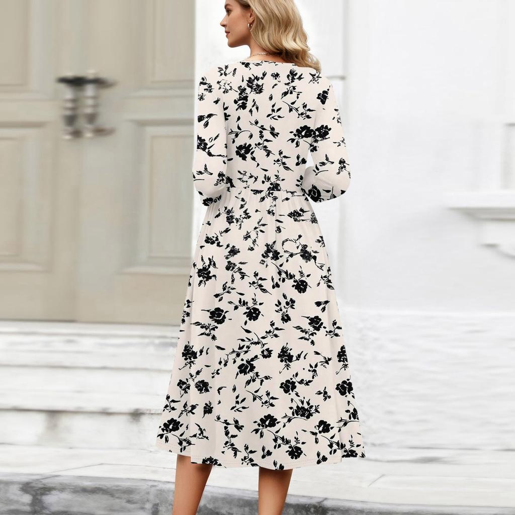 3/4 Sleeve Women's Dress Casual Flowy A-Line Midi Tshirt Dresses With Pockets Crewneck Vocation Boho Beach Sundress