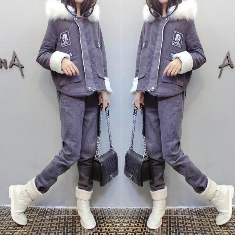 

Женские зимние флисовые комплекты из 2 предметов: утолщенная парка с капюшоном и воротником из искусственного меха + гаремные брюки 3XL серый