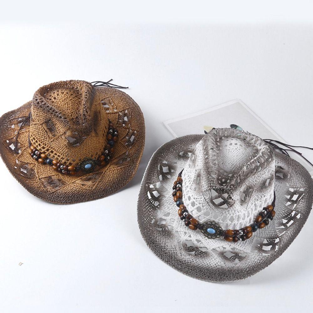 Beads Sunscreen Straw Hat Wide Brim Cowgirl Visor Cap Classic Summer Hat  Ladies