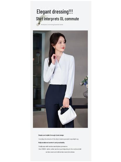 Women's Wrinkle-Resistant Chiffon V-Neck Long-Sleeve Shirt - Collarless White Workwear Top for Autumn