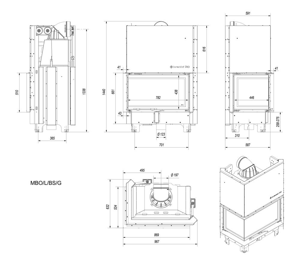 Steel fireplace KRATKI MBO left 15 kW Ø 200 Lift-up