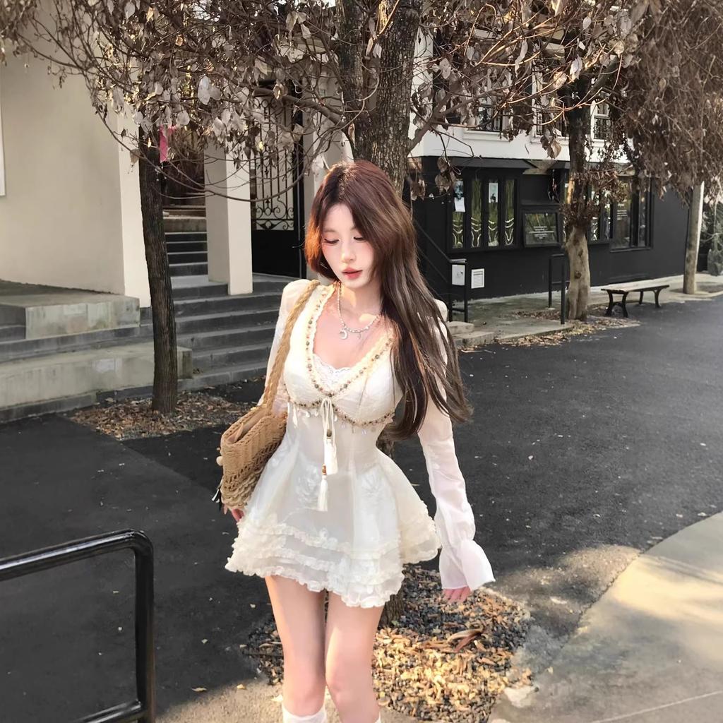 Double suit, middle invisible zipper, pure desire design embroidery dress, women's autumn long-sleeved waist skirt