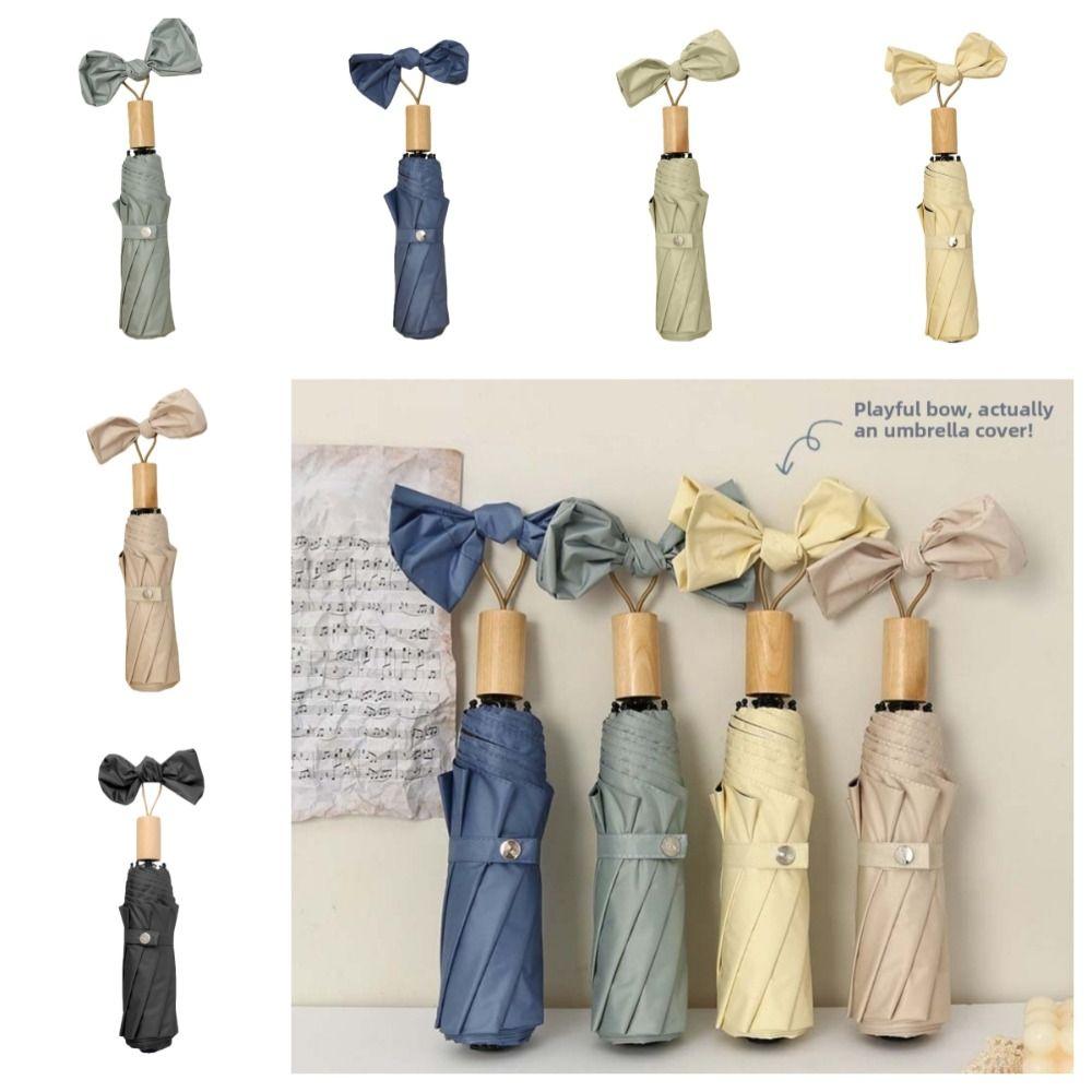 Solid Color Sunscreen Umbrella Wooden Handle Folding Sun Umbrella Rain Umbrella  Outdoor