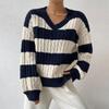Women Knitted Sweater V-Neck Long Sleeve Crop Pullover Jumper Patchwork Color Twist
