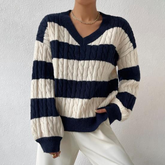 Dámský pletený svetr s výstřihem do V, dlouhým rukávem, zkrácený pulovr, svetr, patchworková barva, copánkový vzor