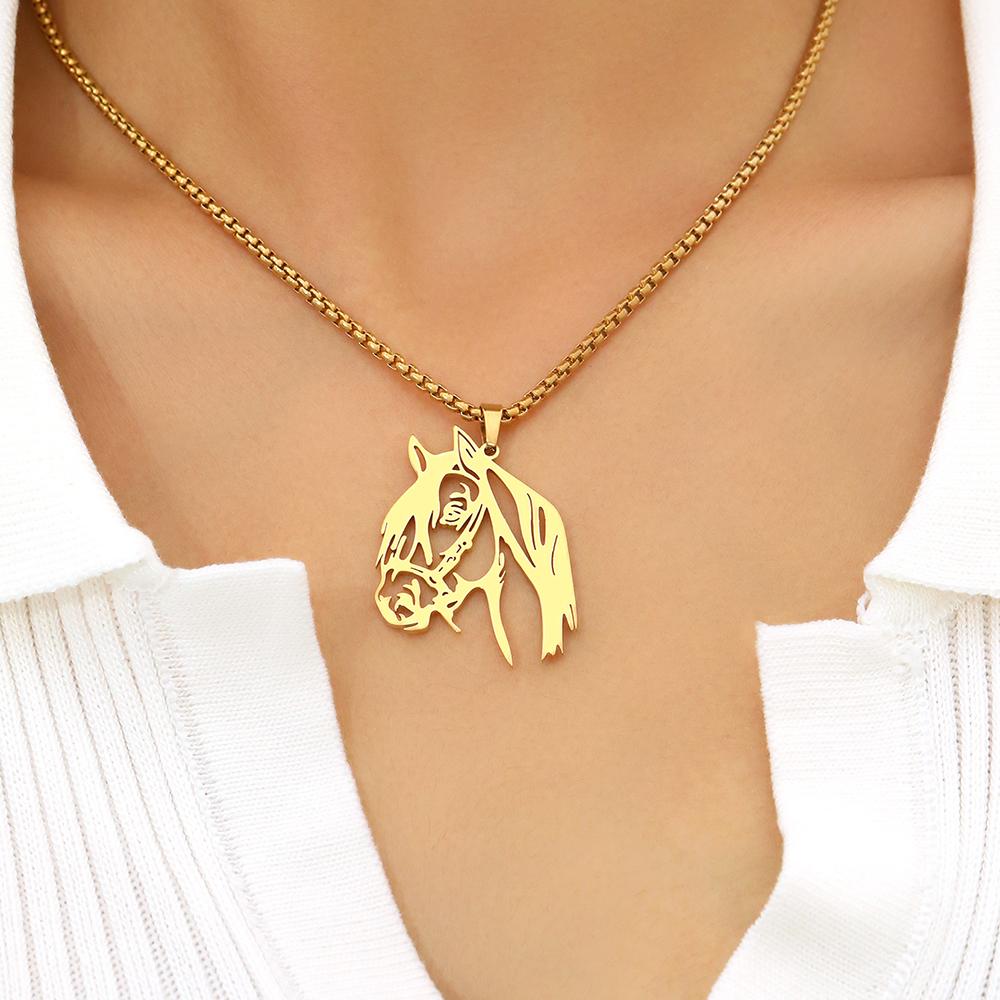 Stainless Steel Necklaces Animals Horse's Head Pendant Choker Chain Men  Atmospheric Fashion Hip Hop Necklace For Women Zircon