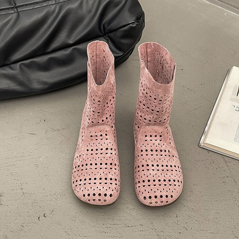 

Fashion Women s Summer Boots Breathable Hollow Slip-on Sandals Flat Bottom Medium Tube Short Boots Fashion Size35 40 Botas Para Mujer 40 розовый