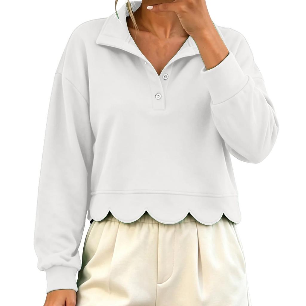 Women's Fashion Color Long Sleeve Collared Pullover Sweatshirt Casual Loose Fit Top