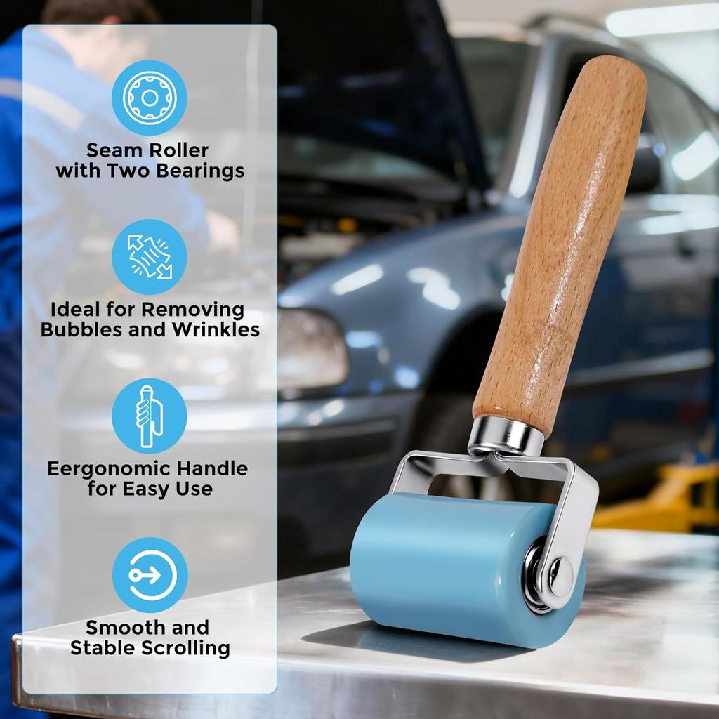 3rd-Gen Sound Deadening Roller, Professional Dual Bearing Hand PU Seam Roller Application Tool with Wood Handle for Car Audio Sound Deadener,