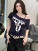 American retro letter print diagonal neck short-sleeved T-shirt women's summer new hot girl off-the-shoulder thin top trendy