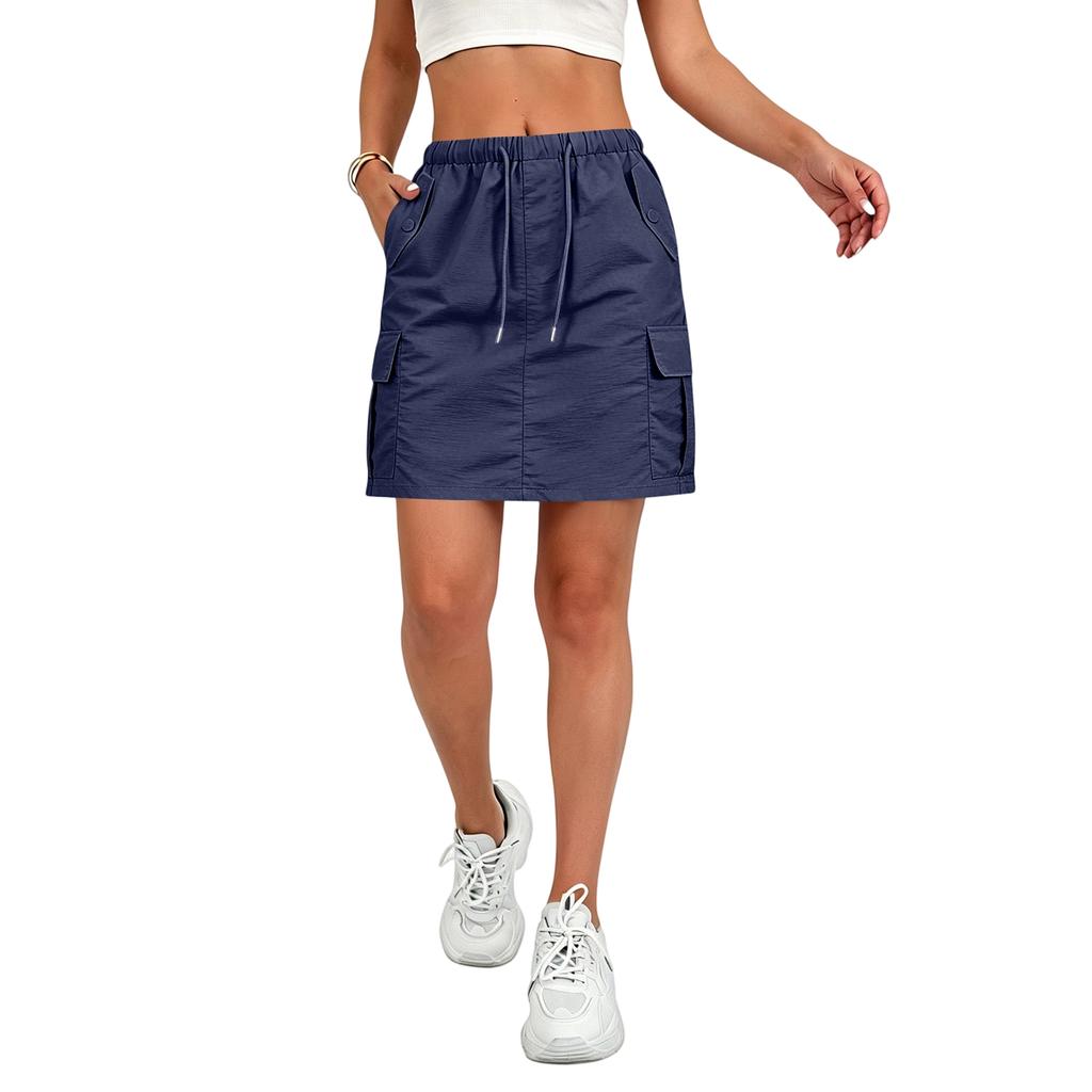 Women's Casual Mini Skirt with Drawstring Waist and Pockets Utility Style Lightweight Workwear Skirt Suitable for Everyday Wear