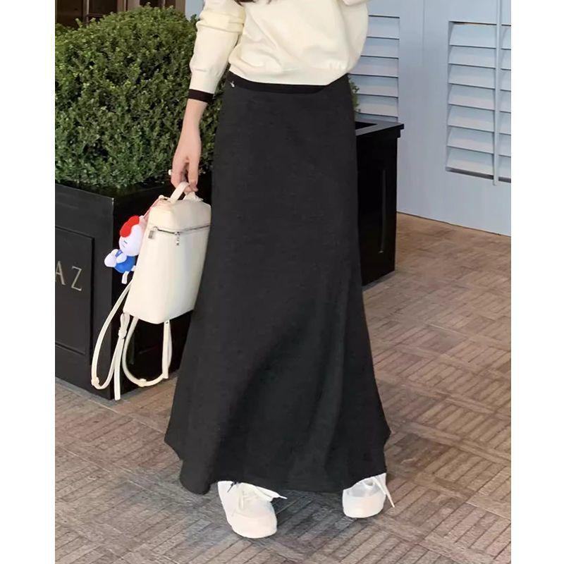 Women's High-Waist Gray Fishtail A-line Skirt – Elegant, Slimming Elastic Waist for Spring/Autumn