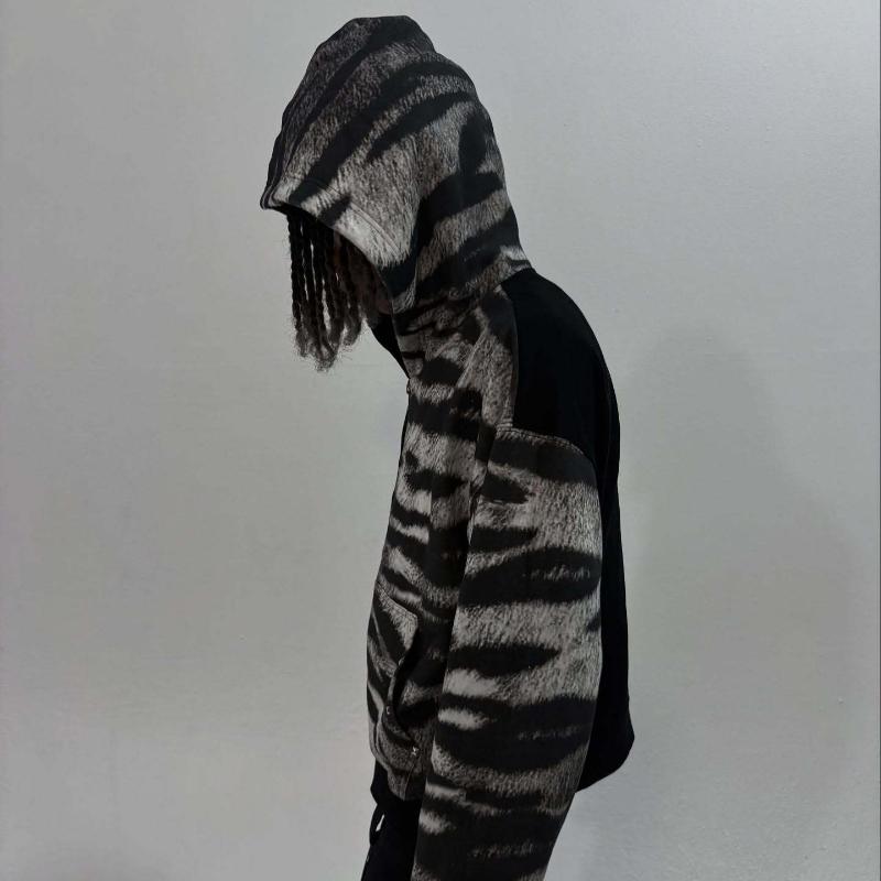 European and American street patchwork striped loose fashion hooded cardigan