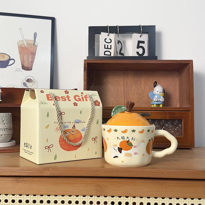 Cute Orange Cat Mug with Lid Creative Good Luck Cup Girls Home Coffee Cup Chinese New Year Gift