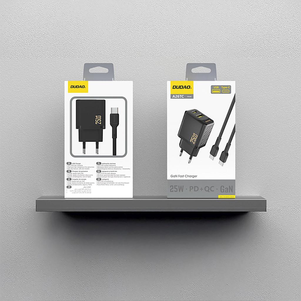 Ładowarka sieciowa USB-A USB-C z kablem USB-C GaN PD QC 25W - czarna