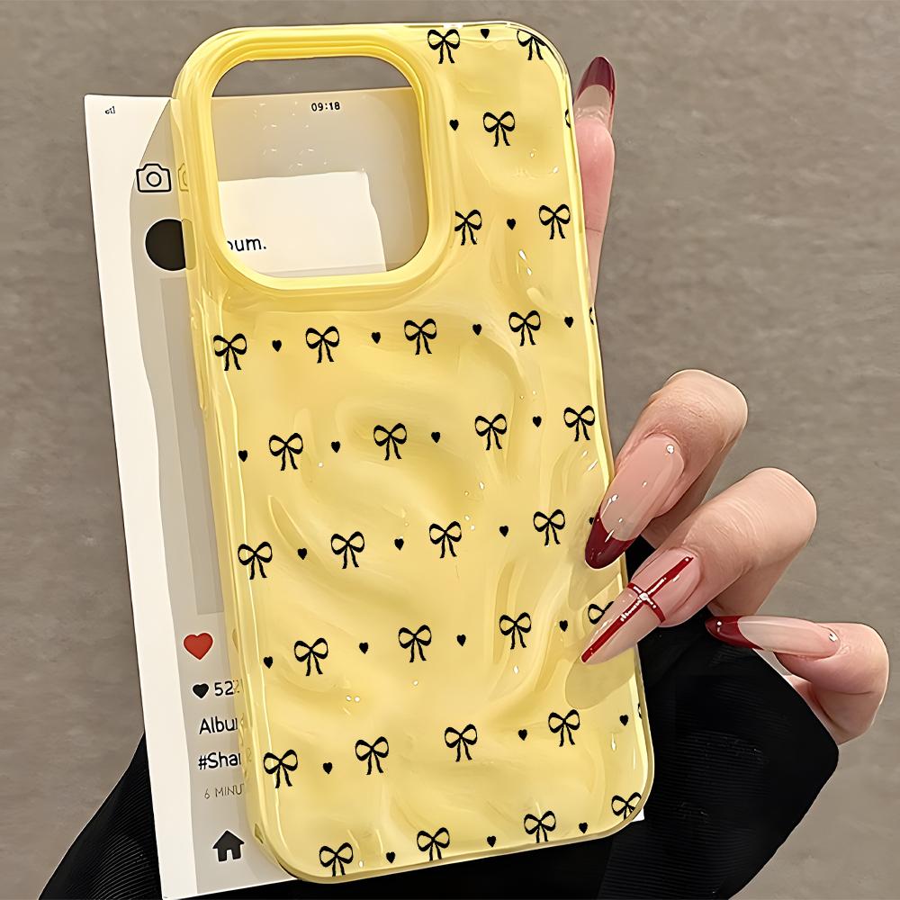 Pretty Bow And Heart Pattern Wave Texture Phone Case For iPhone 11 12 13 14 15 16 17 Pro Max 14 15 Plus 17 Air Soft Back Cover