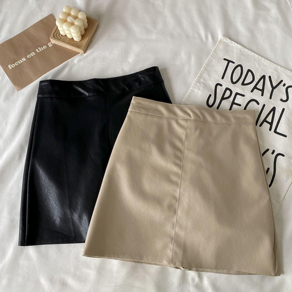Solid Color PU Leather Skirt with Safety Pants High Waist A-line Skirt Short Mini Skirts  Girls