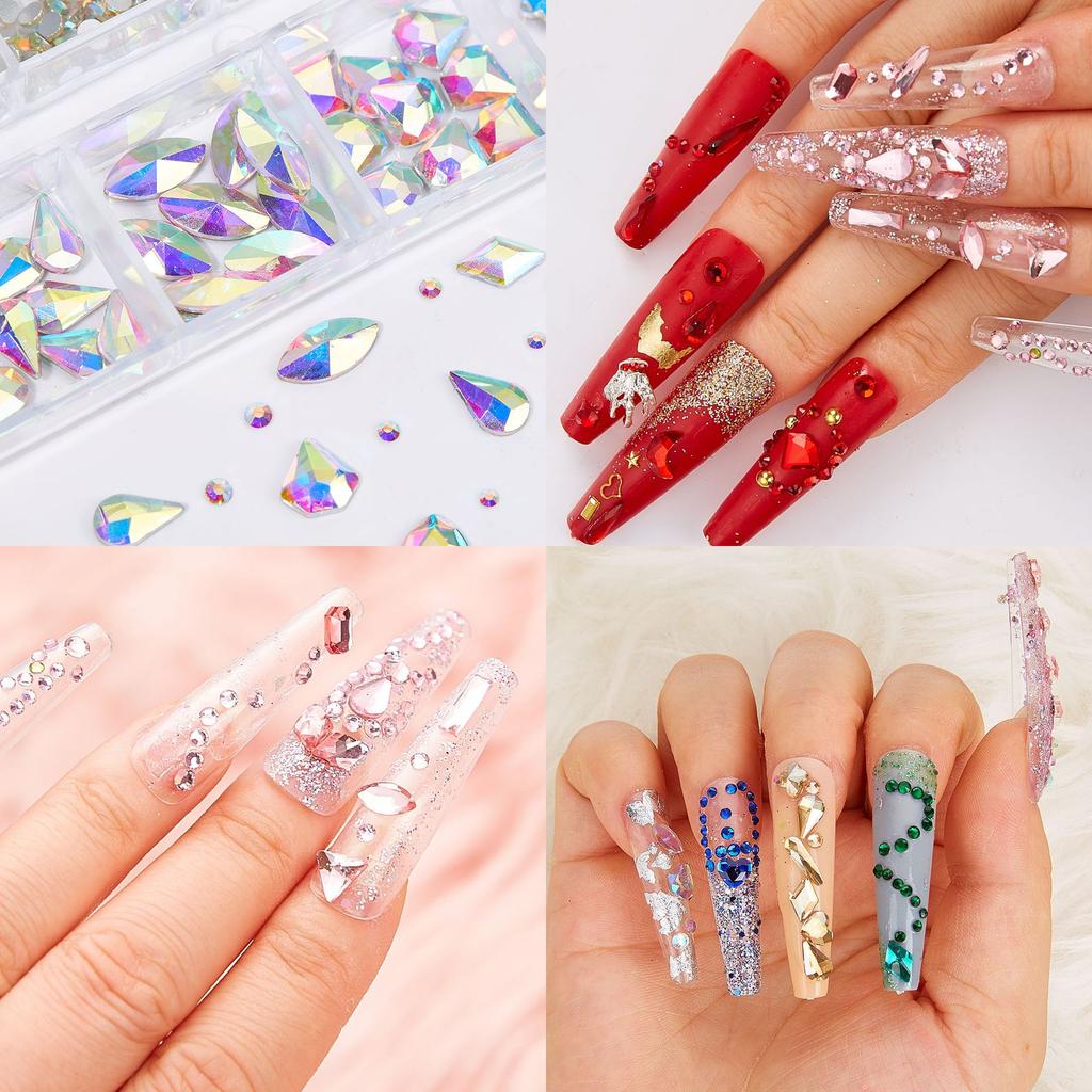 Broca para Nail Art 12 Compartimentos Strass Fundo Plano Broca Formato Especial Unha Vidro AB Aurora Transparente Broca Unha Conjunto de Joias para Nail Art