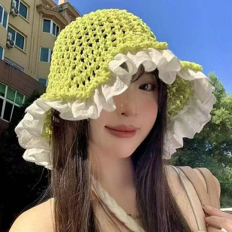 Lace Lace Beach Hat Straw Hat Women's Summer Curled Seaside Hollow Lafite Sun Hat Big Brim