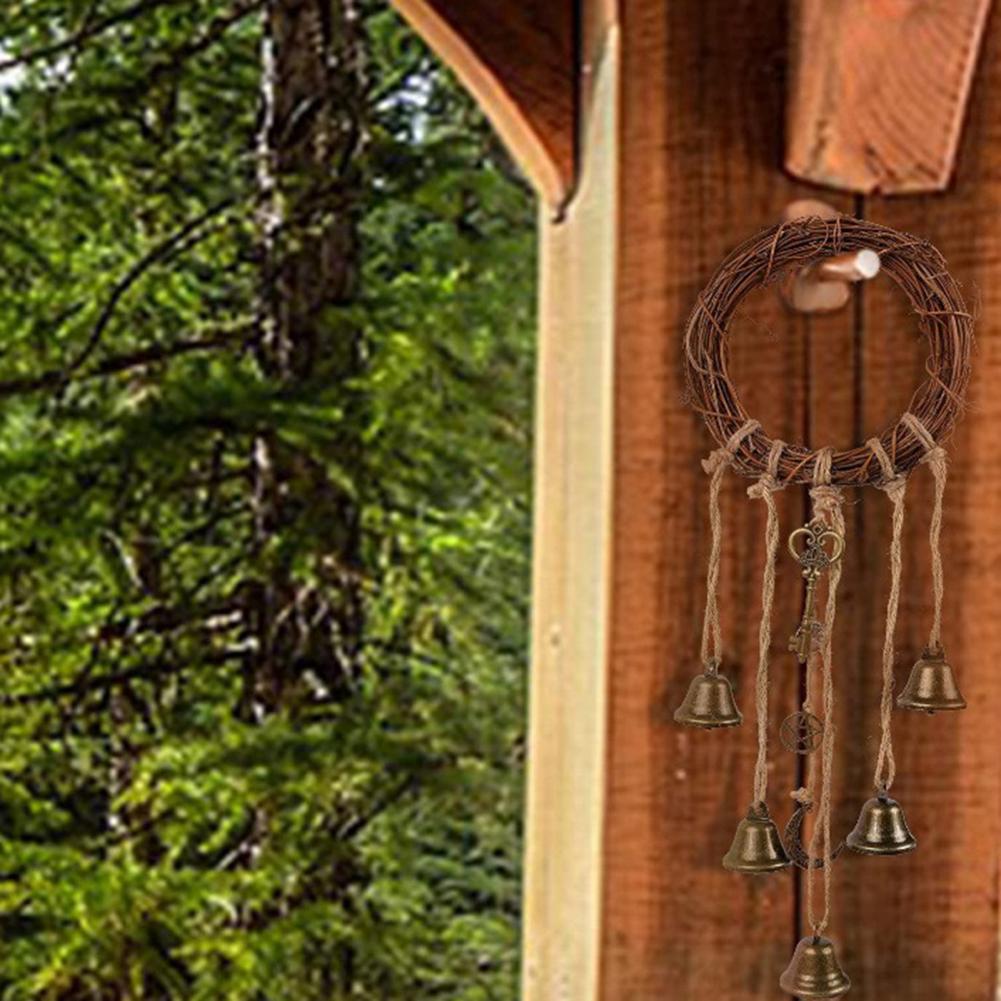 Witch Wind Chime Witch Bell Decoration Handmade Brass Bell Witchcraft Door Hanger Wicca Wind Chime Decoration Rattan