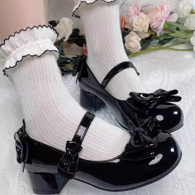 

Round head bow ballet versatile skirt Mary Jane single shoes low high heels small leather shoes princess 35 чорний