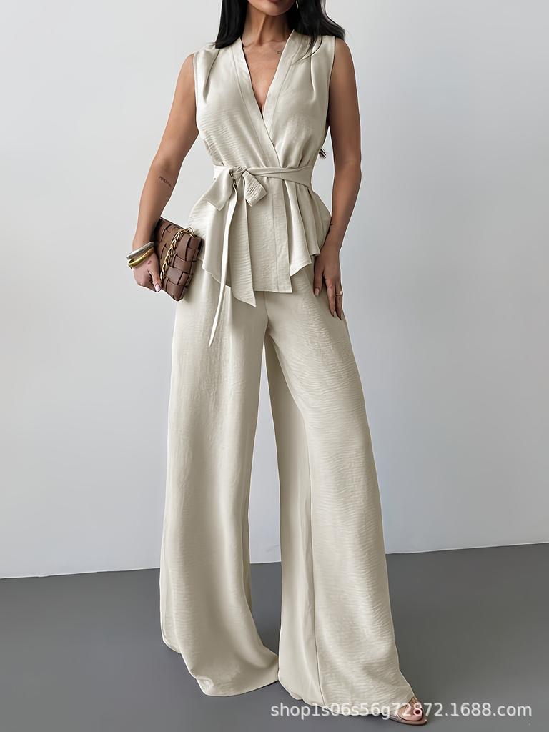 Elegant Women's V-Neck Sleeveless Top & Elastic Waist Pants Set - Summer Two-Piece