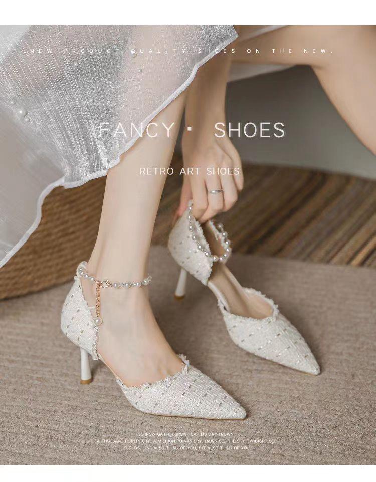 Fashion Womens Pumps Xiaoxiang Style Wedding Luxury Brand Design String Bead Pearls High Heels Lady Sexy Elegant Pointed Toe Pearl Shoes
