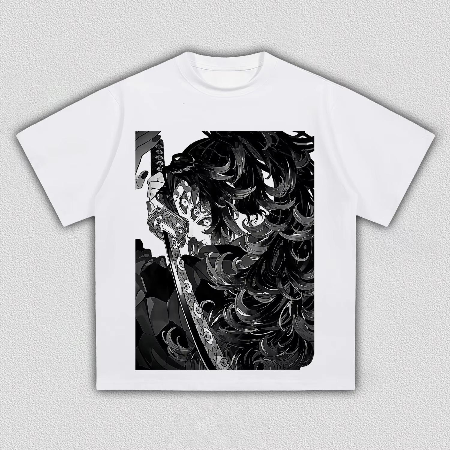 Unisex Demon Slayer Kokushibo Samurai Anime Graphic T-Shirt, Cool Black & White Comic Art Print Casual Streetwear T-shirt 4XL