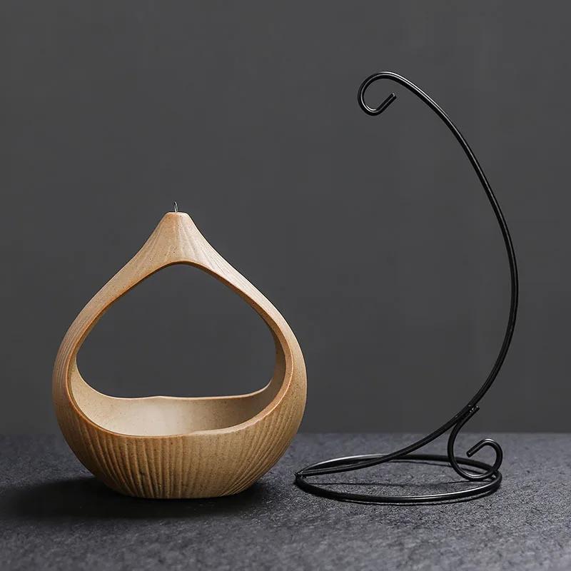 1pc Iron Frame Hanging Basket Ceramic Incense Burner with Creative Ceramic Sage and Peruvian Wood Tray (Without Incense)