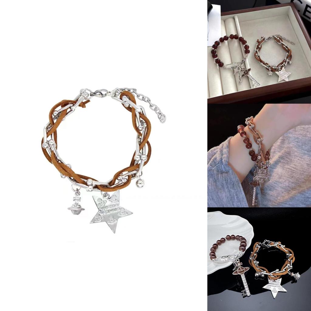 Fashionable Brown Leather Star Bracelet With Beads For Anniversary Gifts