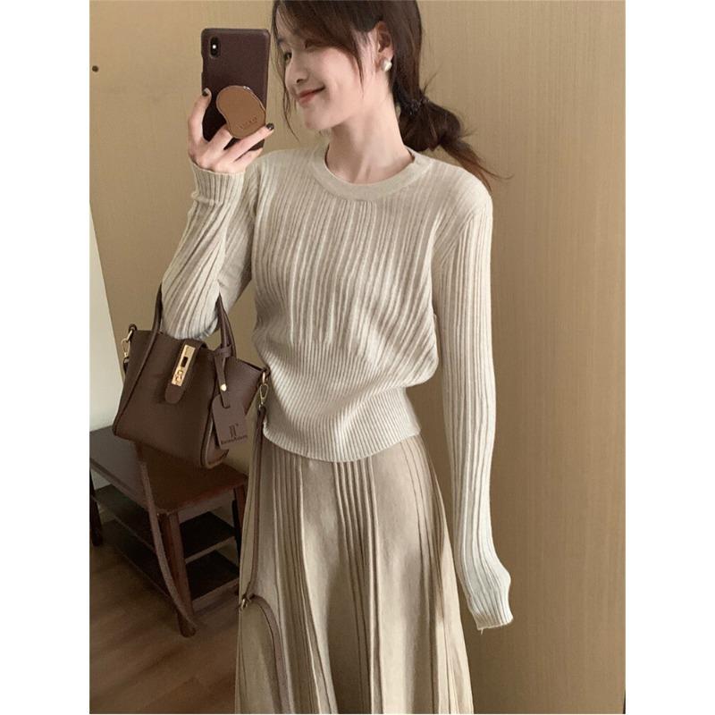 Texture waist short knitted sweater women's autumn and winter front shoulder temperament long-sleeved bottoming top with soft waxy sweater inside