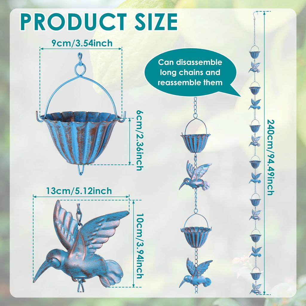Hummingbird and Cup Rain Chain Metal Rain Catcher Chain For Gutter Roof Decoration Metal Drainage Rain Chain Outdoor Garden Deco