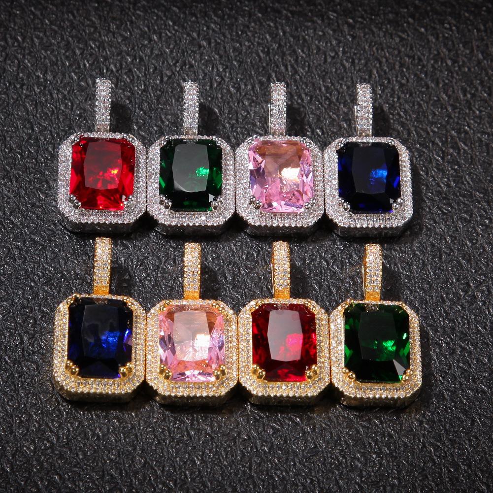 Hip Hop Trendy Brand Colorful Square Solid Retro Pendant Necklace Personalized Diamond Ins Style New Product