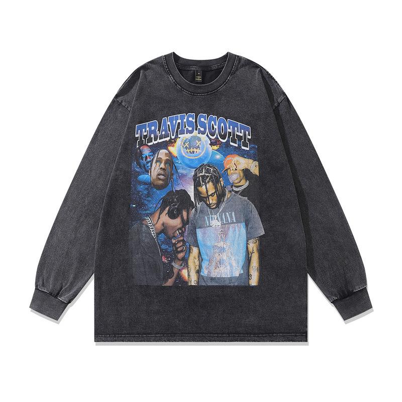 European, American High Street Retro Washed Old Hip-Hop Bottoming Shirt Loose Digital Direct Injection Printing Long-Sleeved T-Shirt Men
