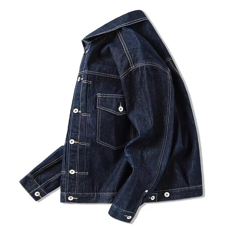 Men's Dark Blue Casual Denim Coat: Retro Jean Outerwear with Cargo Chest Pockets, Lapel Detail and  Minimalist Street Punk Style